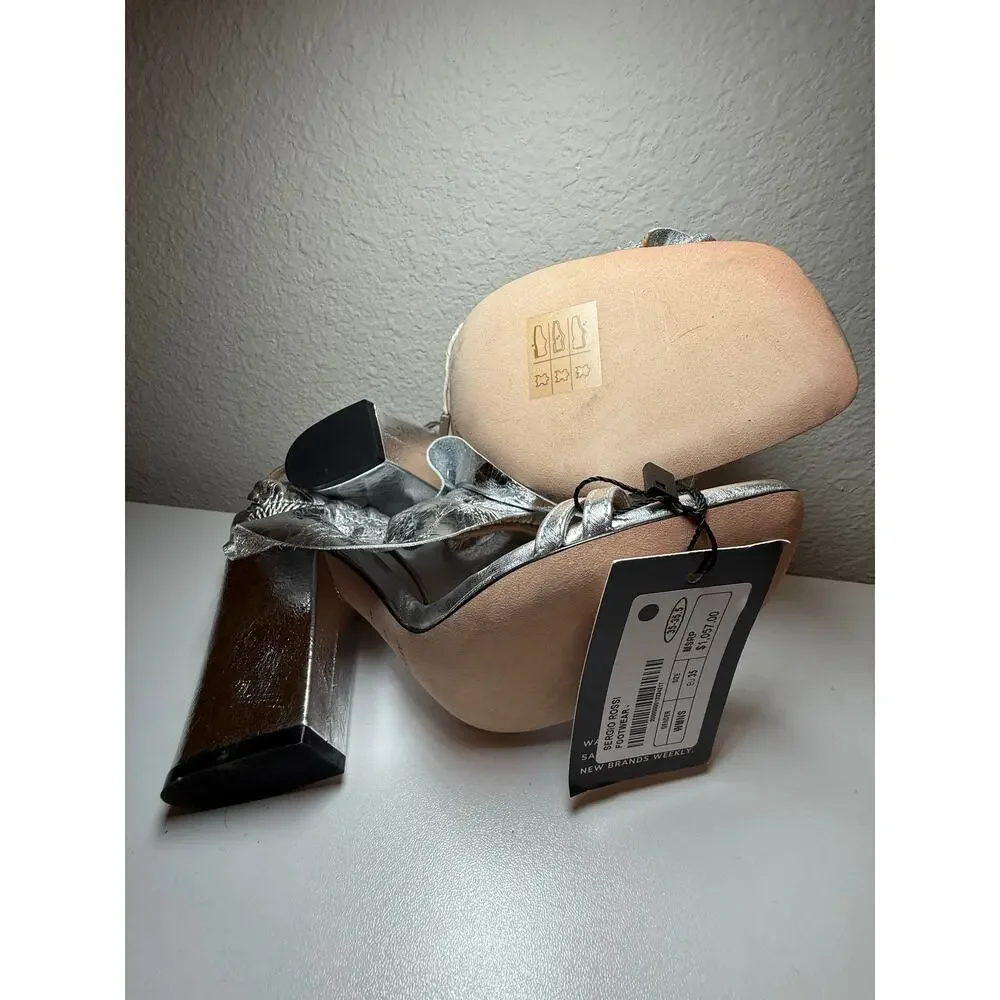 NWT Sergio Rossi Metallic Crinkled Leather Strappy Heel Silver 35-35.5 / US 5